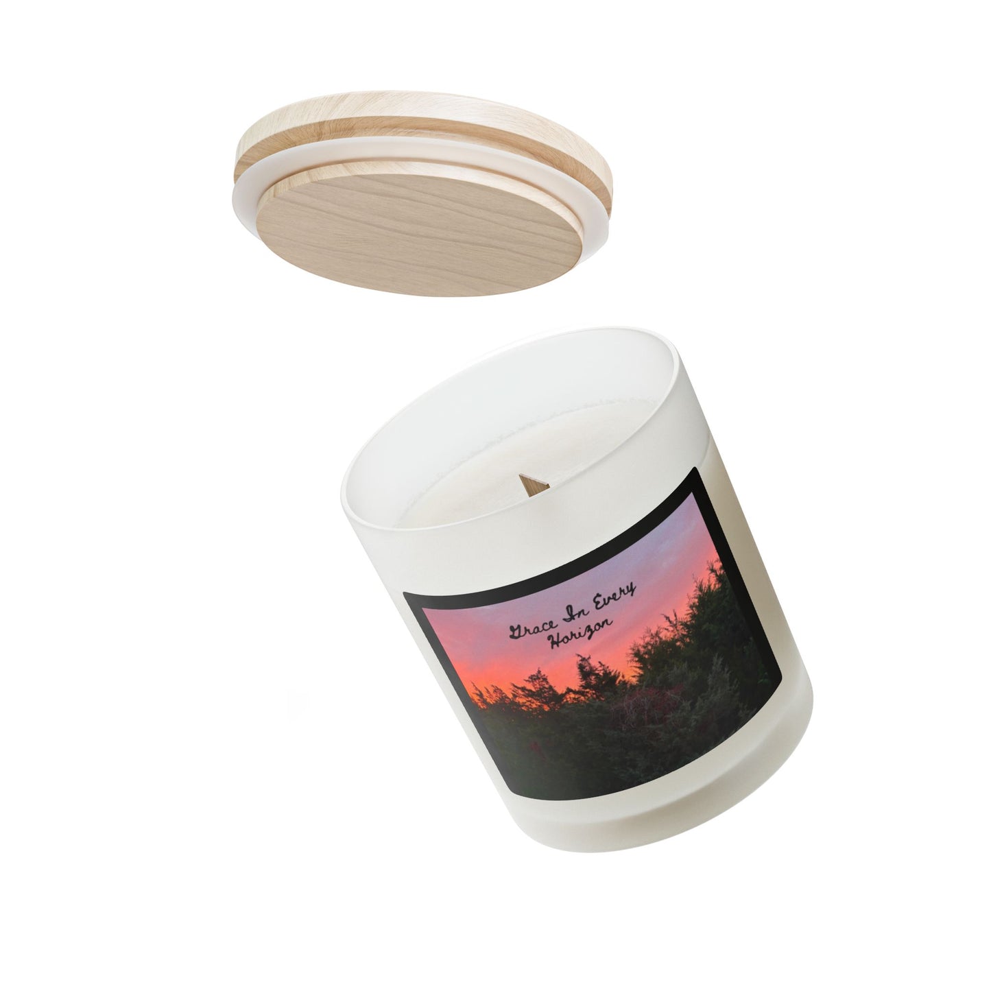 Sunset Woods Frosted Glass Candle — "There Is Every Horizon" Aromatic Candle, 11oz