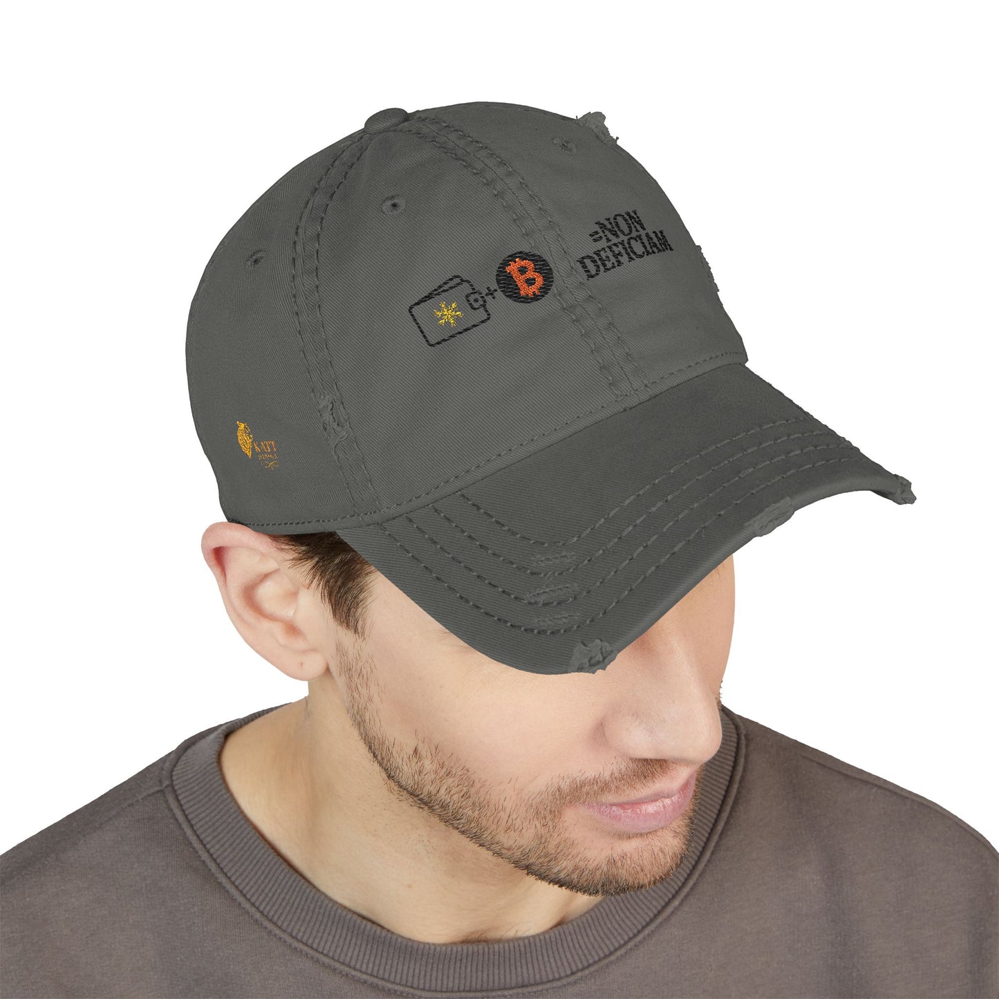 Cold Wallet Non Deficiam; "I Will Not Fail"; Distressed Hat with Bitcoin Embroidery, Casual Cap, Tech Enthusiasts, Adjustable Unisex Hat