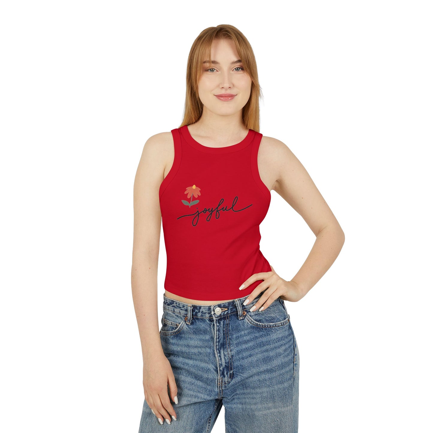Joyful Floral Racer Tank Top, Women's Crop Top, Summer Style, Everyday Wear, Motivational Apparel, Casual Workout Shirt