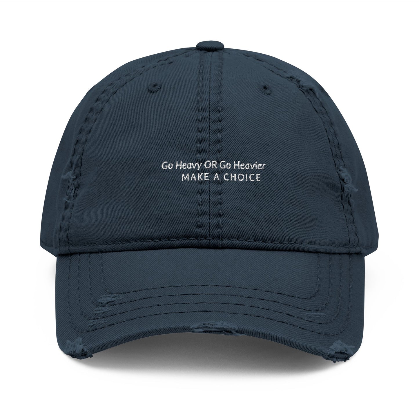Go Heavy; Distressed Hat with Motivation Embroidery, Casual Cap, Tech Enthusiasts, Adjustable Hat
