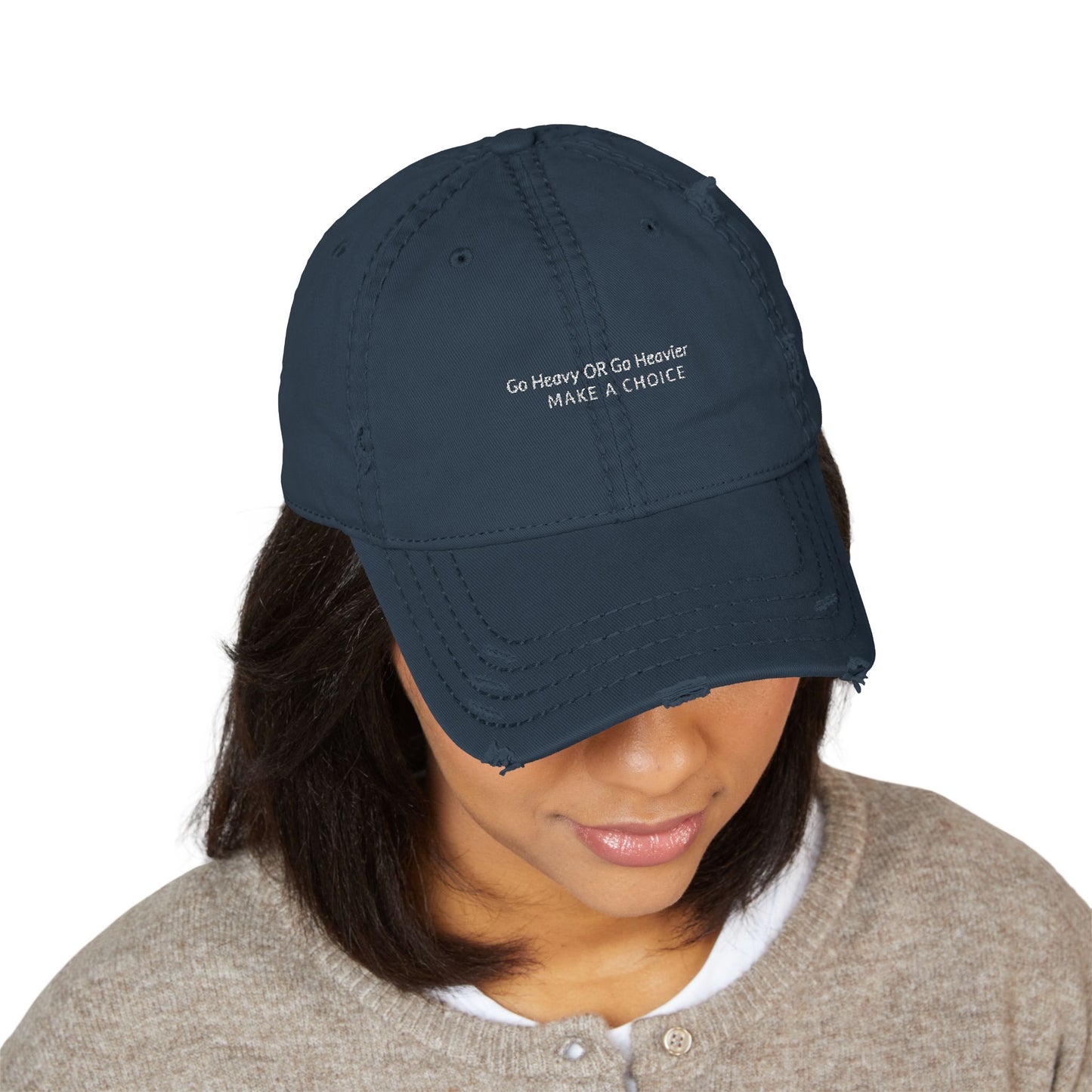 Go Heavy; Distressed Hat with Motivation Embroidery, Casual Cap, Tech Enthusiasts, Adjustable Hat
