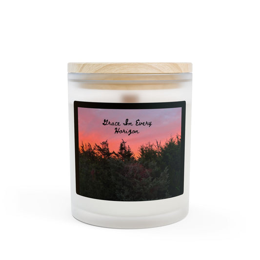 Sunset Woods Frosted Glass Candle — "There Is Every Horizon" Aromatic Candle, 11oz