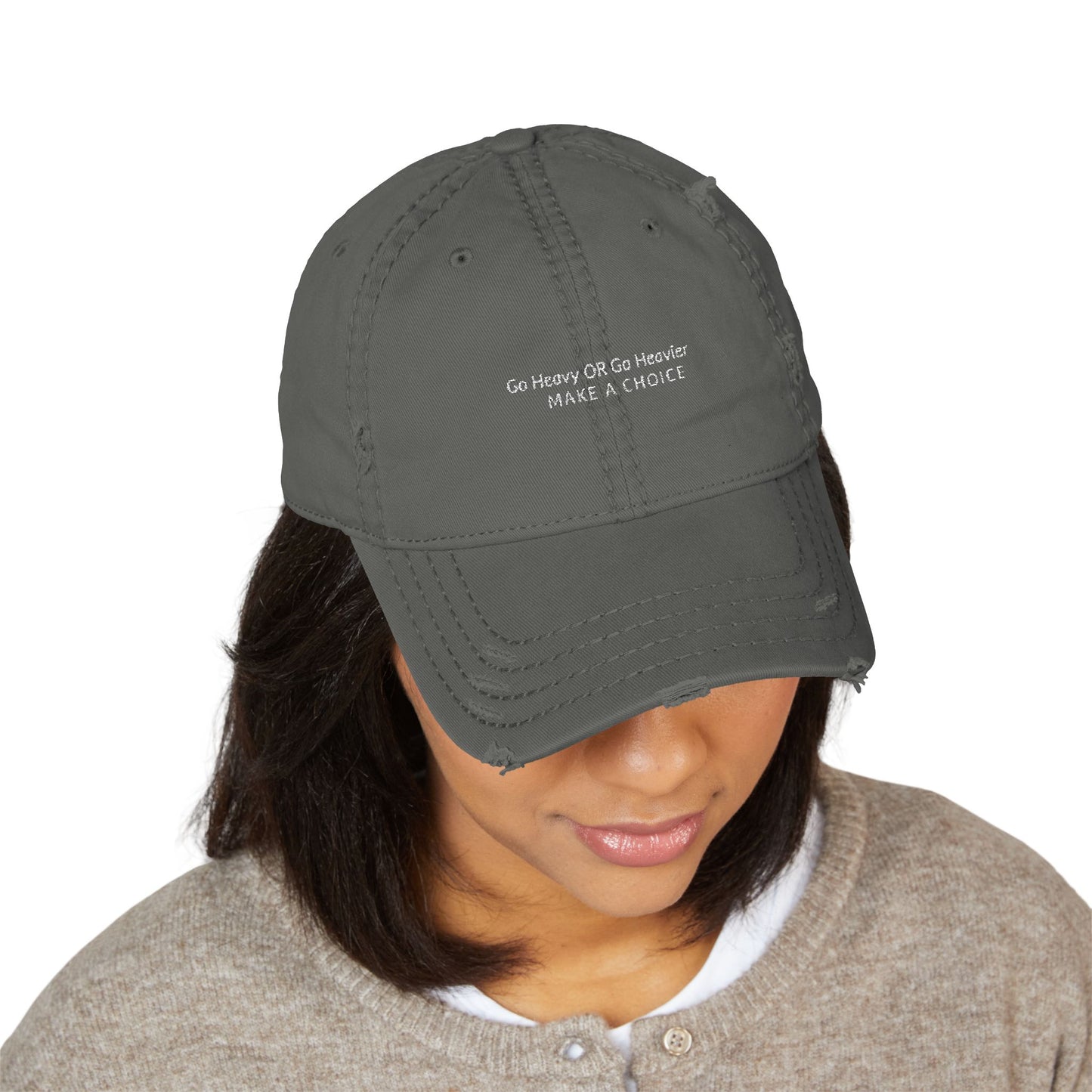 Go Heavy; Distressed Hat with Motivation Embroidery, Casual Cap, Tech Enthusiasts, Adjustable Hat