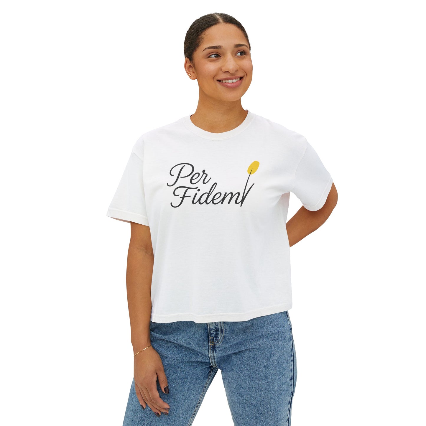 Per Fidem; Through FAITH - Women's Boxy Tee, Inspirational Graphic Tee, Gift, Everyday Wear, Motivational Shirt